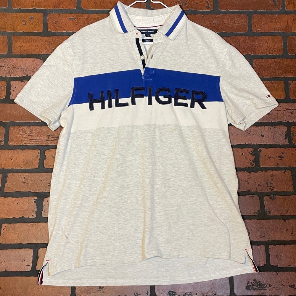 Tommy Hilfiger Men's L‎ Grey Striped Stitched Logo Rugby Polo Shirt